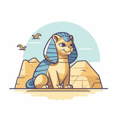 Boynunda eşarp olan bir kedinin kumsalda oturuşunun vektör çizimi..