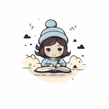 Kitap okuyan sevimli küçük bir kız. Çizgi film tarzında vektör illüstrasyonu.