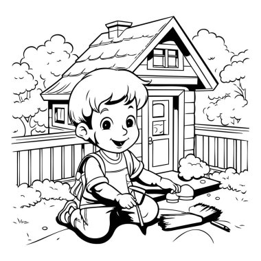 Evin önünde boya kovası ve fırçası olan çocuk - siyah ve beyaz çizimler.