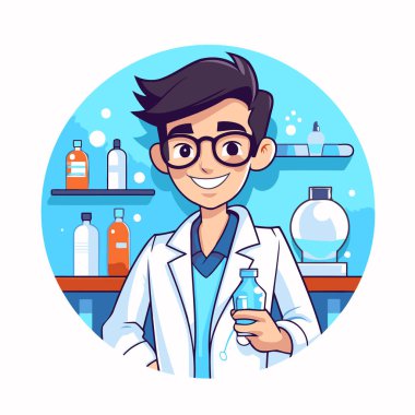 Elinde ilaç şişesi olan eczacı. Çizgi film tarzında vektör illüstrasyonu