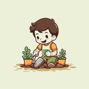 Bahçeye bitki eken bir çocuk. Çizgi film karakterinin vektör illüstrasyonu.