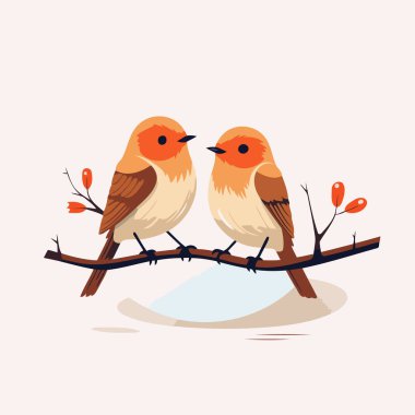 Bir dalda oturan iki kuş. Çizgi film tarzında vektör illüstrasyonu.