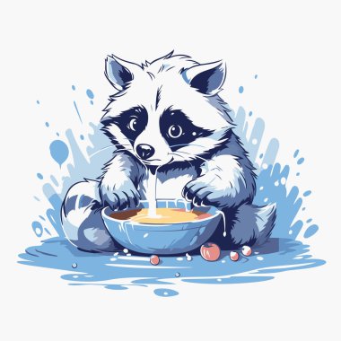 Tatlı rakun kaseden süt içiyor. Vektör illüstrasyonu.