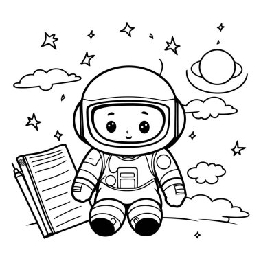 Çocuklar için boyama kitabı: Kitaplı astronot. Vektör illüstrasyonu.