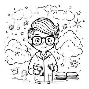 Çocuklar için boyama kitabı: gözlüklü çocuk elinde bir kitap tutuyor.