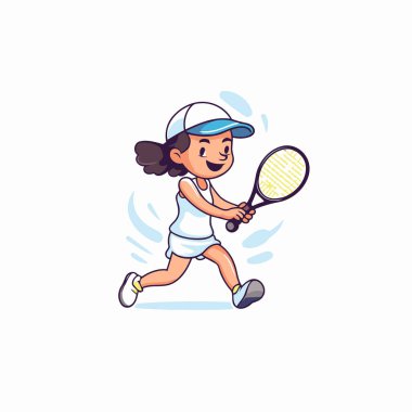 Tenis oynayan sevimli küçük kız. Çizgi film tarzında vektör illüstrasyonu.