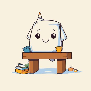 Kawaii tek boynuzlu atı, kitaplar ve bir fincan kahveyle. vektör illüstrasyonu