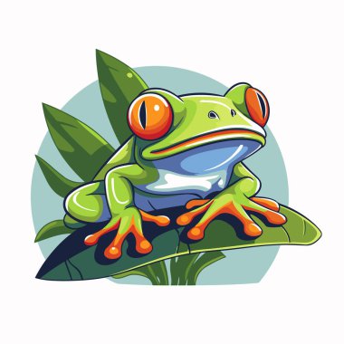 Yaprağın üzerinde oturan yeşil ağaç kurbağası çizgi filmi. Vektör illüstrasyonu.