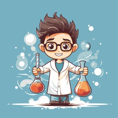 Bilim adamı çocuk çizgi film karakteri elinde kimyasallarla test tüpü tutuyor. Vektör illüstrasyonu.