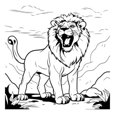 Aslan - Vahşi Hayvan - Siyah ve Beyaz Çizgi Film İllüstrasyonu. Vektör