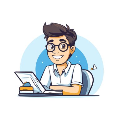 Bilgisayarda çalışan genç adam. Çizgi film tarzında vektör illüstrasyonu.