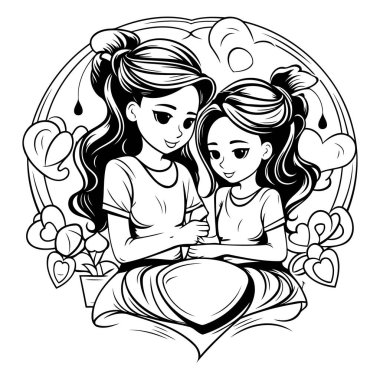 Anne ve kızı birbirlerine sarılıyorlar. siyah ve beyaz vektör çizimi.