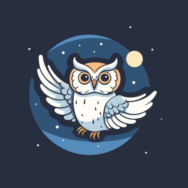 Gece gökyüzünde baykuş. Çizgi film tarzında vektör illüstrasyonu.