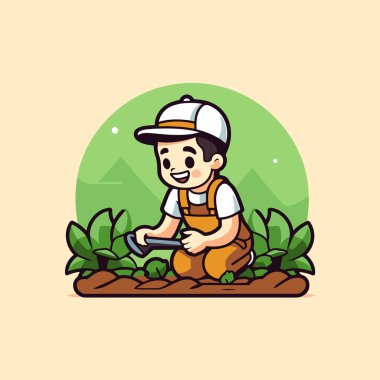 Bahçede çalışan sevimli çocuk. Vektör çizimi. Düz tasarım.