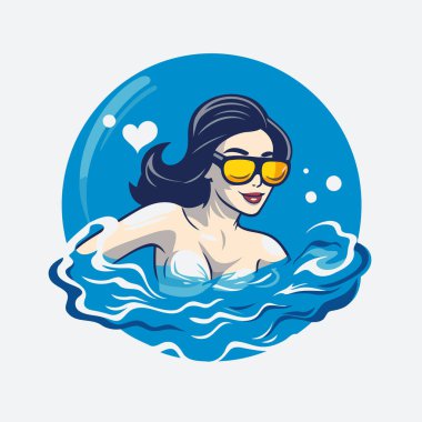 Kalp şeklinde güneş gözlükleriyle havuzda yüzen bir kadın tasviri