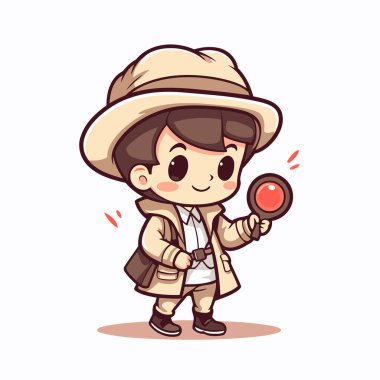 Safari şapkalı şirin çocuk elinde büyüteç tutuyor. Vektör illüstrasyonu.