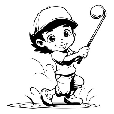 Siyah ve Beyaz Çizgi Film Çocuk Renk Kitabı için Golf Oynuyor