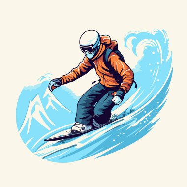 Dağlarda atlayan bir snowboardcu. Retro biçiminde vektör illüstrasyonu.