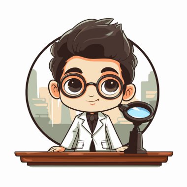 Büyütücü cam çizgi film vektör çizimi grafik tasarımı olan yakışıklı bir bilim adamı.