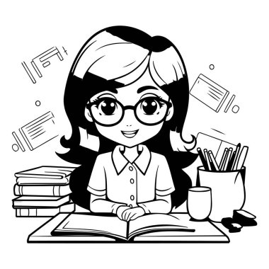 Kitapları ve kalem tasarımı çizimleri olan sevimli küçük öğrenci kız.