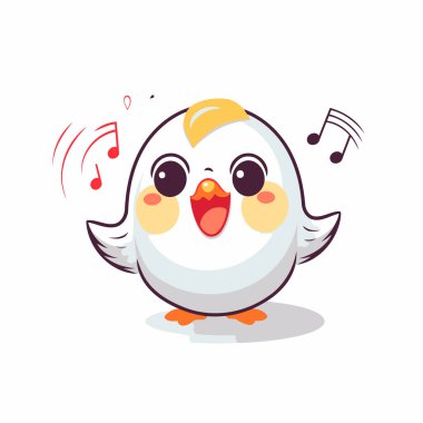 Beyaz arka planda notaları olan şirin küçük bir tavuk. Vektör illüstrasyonu.