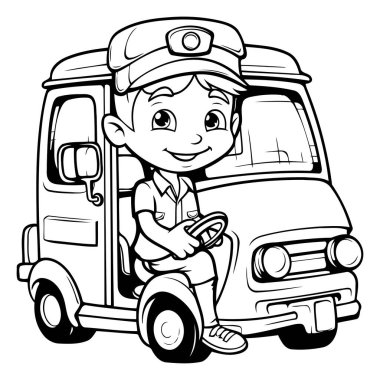 Siyah ve Beyaz Çizgi Film Çocuk Çizimi Oyuncak Kamyonet ya da Boyama Kitabı İçin Minibüs Sürüyor