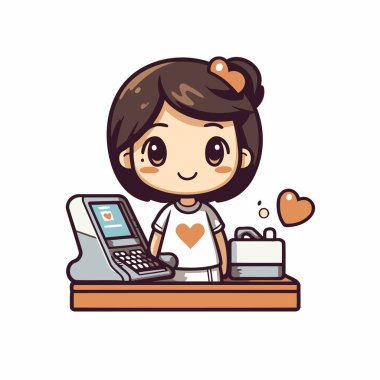 Dizüstü bilgisayarı ve bir fincan kahvesi olan tatlı bir kız. Vektör illüstrasyonu.