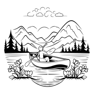 Gölde kayak yaparken. Siyah beyaz vektör illüstrasyonu.