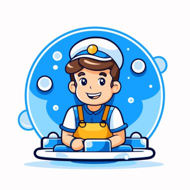 Şapkalı ve üniformalı sevimli denizci çocuk. Vektör karakter illüstrasyonu.