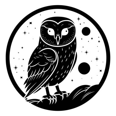 Ay ışığında baykuş. Siyah ve beyaz vektör çizimi.