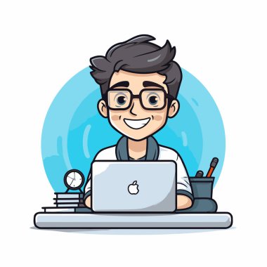 Ofiste dizüstü bilgisayarda çalışan genç bir adam. Çizgi film tarzında vektör illüstrasyonu.