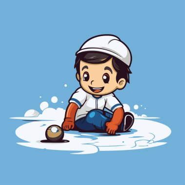 Küçük çocuk buzda buz hokeyi oynuyor. Vektör çizgi film illüstrasyonu.