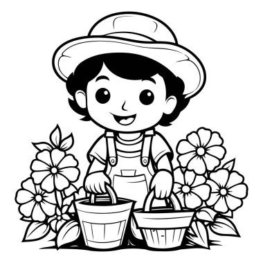 Siyah ve Beyaz Renk Kitabı için Çiçek Sepetleriyle Şirin Çiftçi Çocuk Çizimi