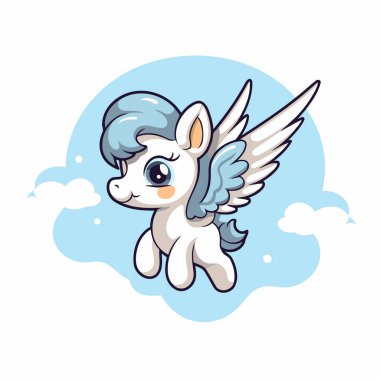 Gökyüzünde kanatları olan şirin küçük tek boynuzlu at çizgi filmi. Vektör illüstrasyonu.
