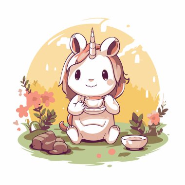 Çimlerin üzerinde oturan ve elinde bir kase süt tutan şirin tek boynuzlu at çizgi filmi.