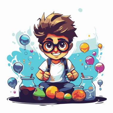 Gözlüklü, yakışıklı, kimyalı bir çocuk. Vektör illüstrasyonu.