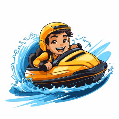 Çizgi filmci çocuk jet ski kullanıyor. Vektör illüstrasyonu beyaz arkaplanda izole edildi.