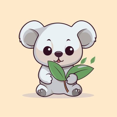 Yaprak tutan sevimli bir koala. Çizgi film tarzında vektör illüstrasyonu.