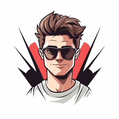 Güneş gözlüklü yakışıklı bir gencin portresi. Vektör illüstrasyonu.