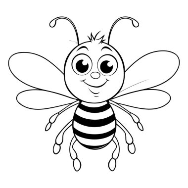 Beyaz arka planda şirin bir karikatür arısının siyah-beyaz çizimi