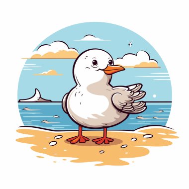 Deniz kıyısındaki martı. Çizgi film tarzında vektör illüstrasyonu.