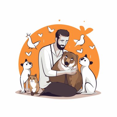 Beyaz tişörtlü, köpekle oturan bir adamın vektör çizimi..