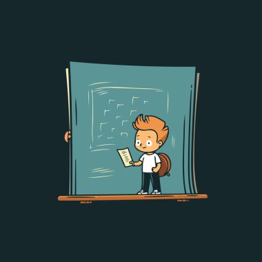 Tahtanın önünde duran sevimli küçük okul çocuğu. Vektör illüstrasyonu.