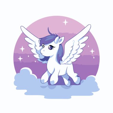 Gökyüzünde uçan kanatlı şirin tek boynuzlu at çizgi filmi. Vektör illüstrasyonu.