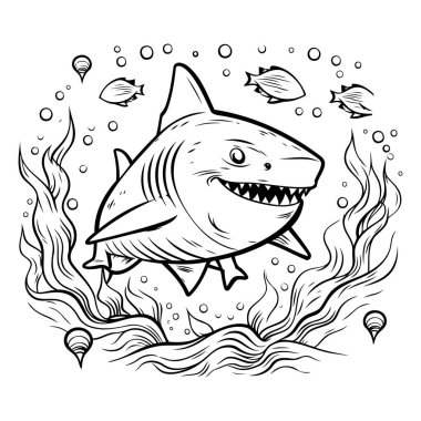 Denizde yüzen bir köpekbalığının siyah-beyaz çizimi.
