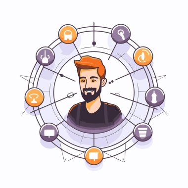 Düz stili olan genç bir adamın vektör çizimi. Sosyal ağlar kavramı.