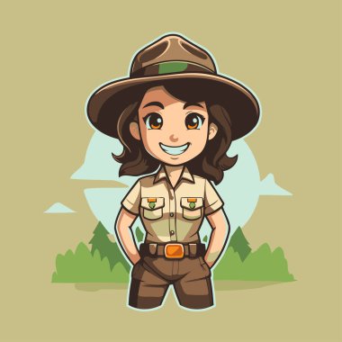 Safari kıyafetli şirin çizgi film kızı. Safari kıyafetli bir kızın vektör çizimi.