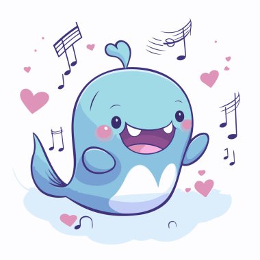 Beyaz arka planda, kalbi olan şirin bir balinanın vektör çizimi.