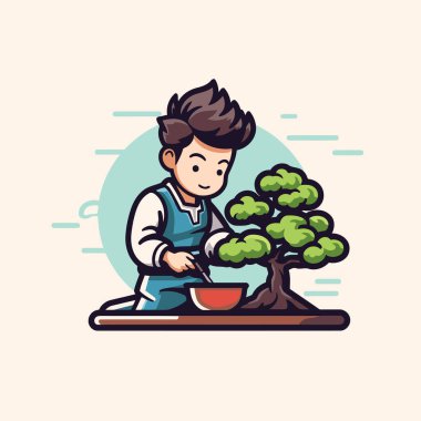 Bonsai pişiren önlüklü bir çocuğun vektör çizimi.
