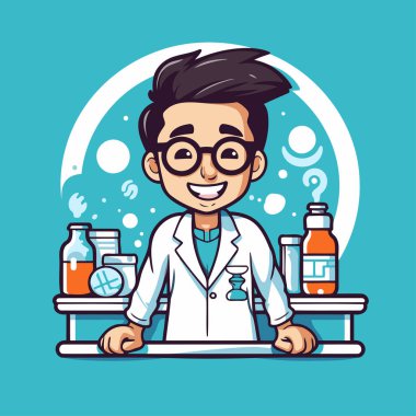 Laboratuvardaki komik karikatür bilimcisi. Düz biçimli vektör illüstrasyonu.